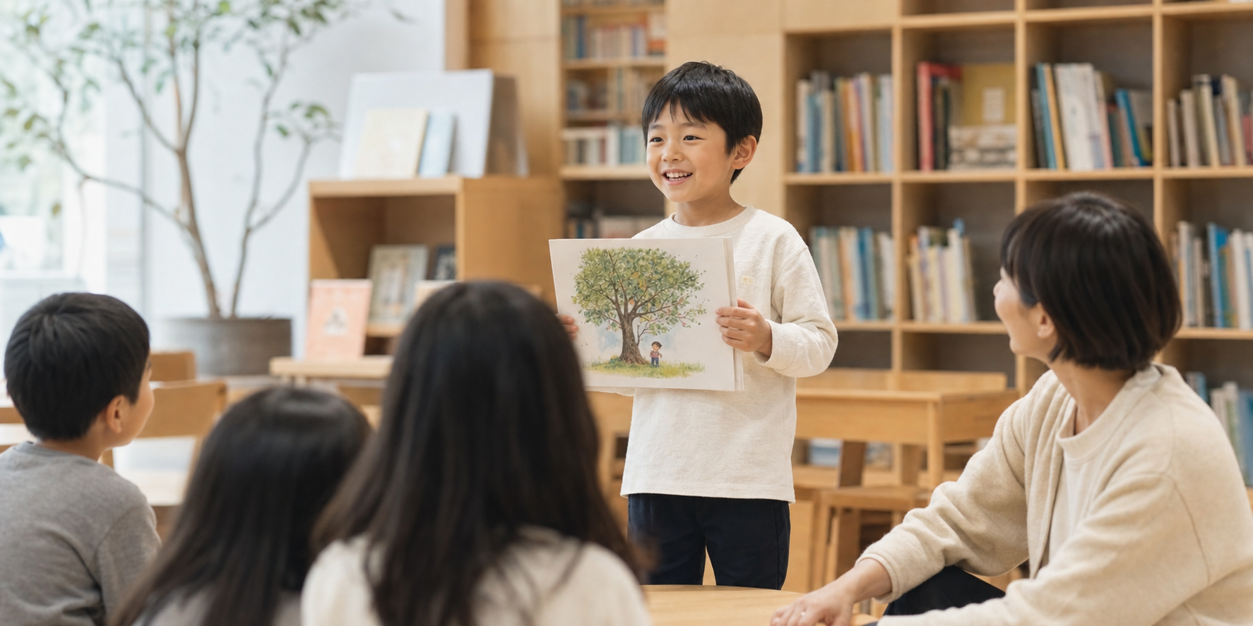 図書館で本を使って笑顔で発表する子どもの風景