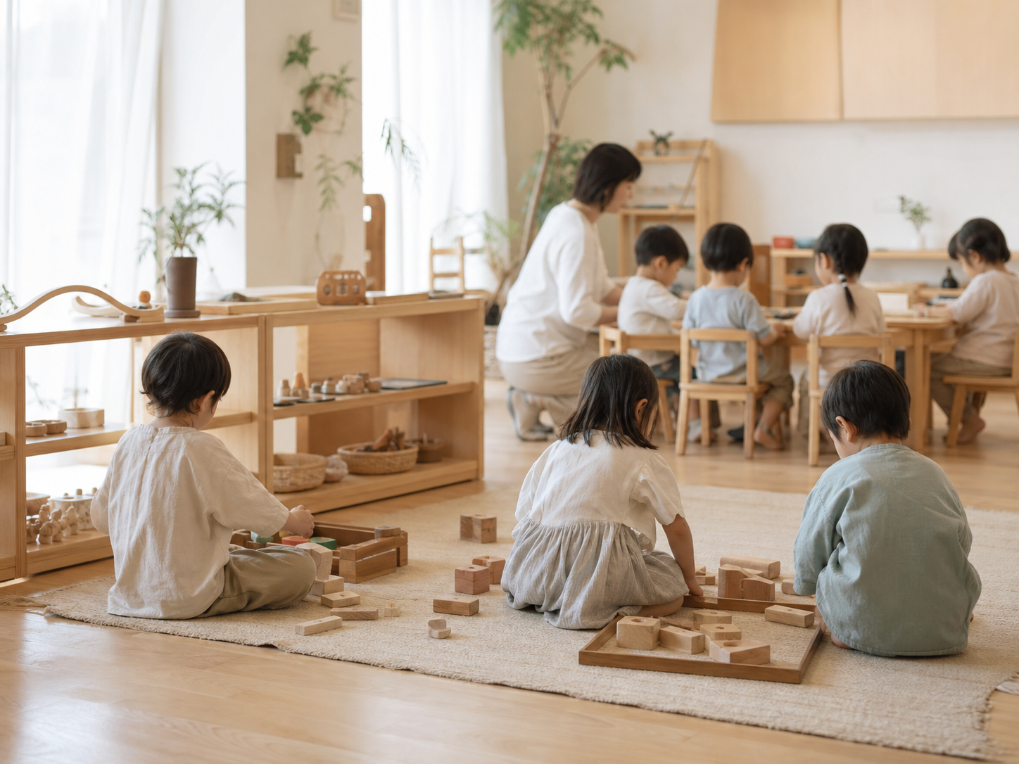 木のおもちゃで遊ぶ子どもたちの幼稚園風景